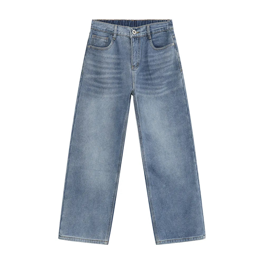 Light blue denim jeans with a relaxed, wide-leg fit and elastic waistband.