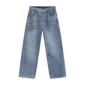 Light blue denim jeans with a relaxed, wide-leg fit and elastic waistband.