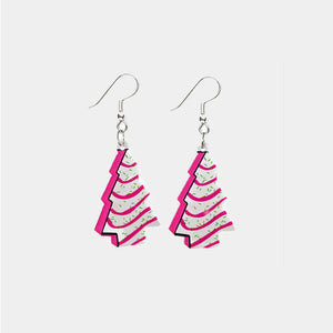 Festive acrylic tree earrings with pink frosting and green sprinkles design