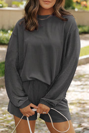 Black ribbed knit matching set with crew neck long sleeve top and shorts