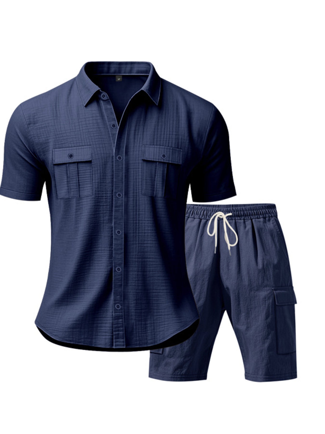 Navy blue relaxed-fit button-up shirt and drawstring shorts set with dual chest pockets.