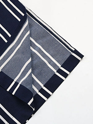Dark blue and white striped palazzo trousers with a slit leg detail.