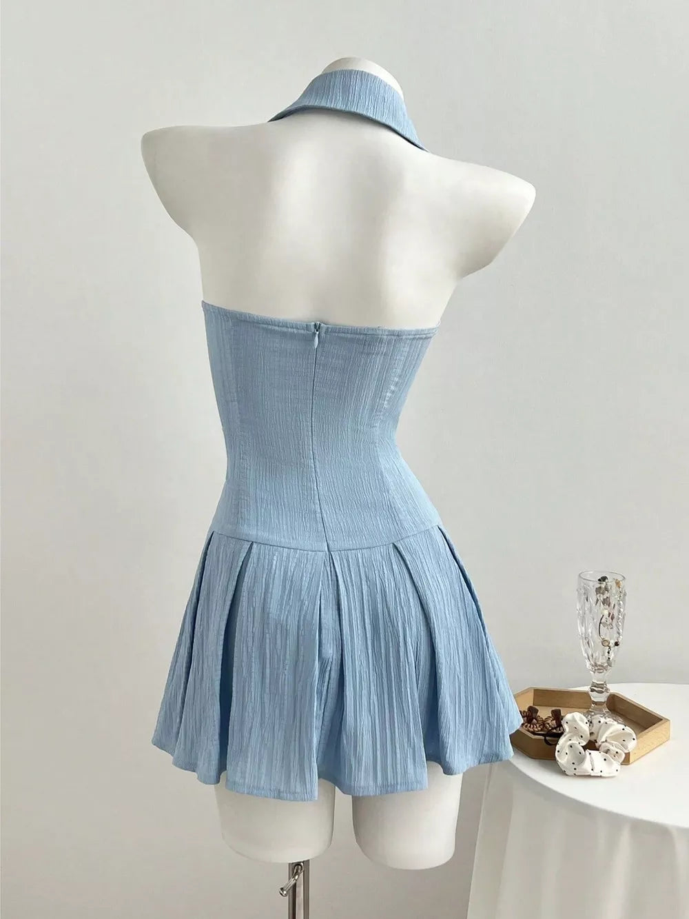 Halter Neck Bow Tie Pleated Mini Dress, side view