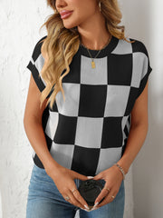 Checkerboard knit cap sleeve top in black and white, crew neck, casual fit.