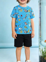Blue cotton astronaut graphic tee and black shorts set for baby boys and girls.