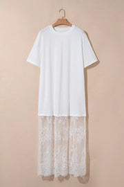 White cotton midi t-shirt dress with lace hem detail