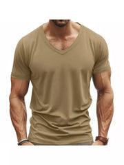 Men's Khaki V-neck T-shirt, slim fit, short sleeves, breathable cotton blend.