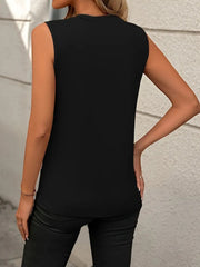 Black sleeveless tank top with diagonal seam detail, crew neck, and a casual fit.
