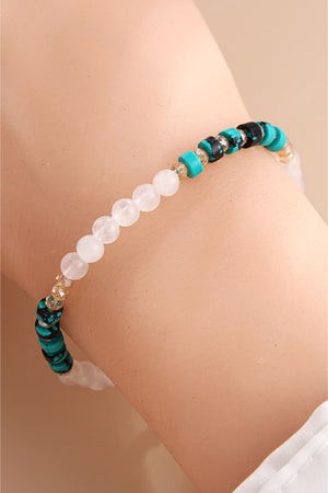 Turquoise cube and crystal bracelet with white beads and gold accents