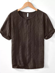 Textured short sleeve men's blouse in chocolate cotton with a button-neck detail.