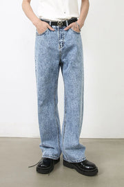 Acid wash wide-leg jeans in medium blue denim with a relaxed fit.