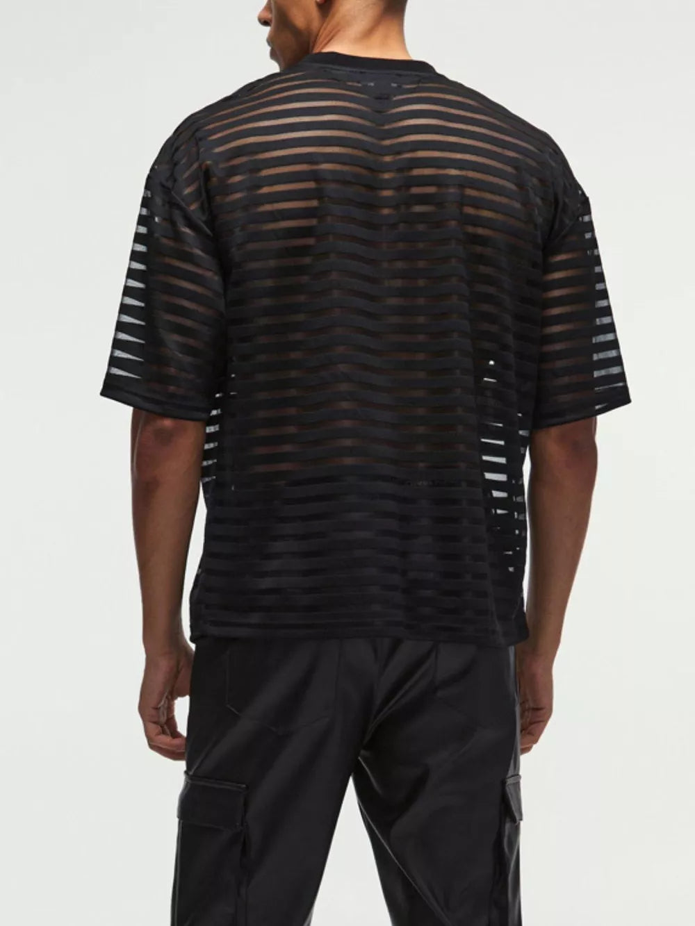 Men's black sheer striped round neck t-shirt with short sleeves.