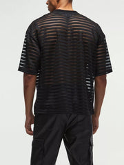 Men's black sheer striped round neck t-shirt with short sleeves.
