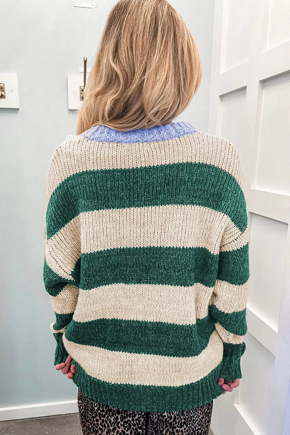 Striped Colorblock Drop Shoulder Pullover Sweater in Dark Green, back view