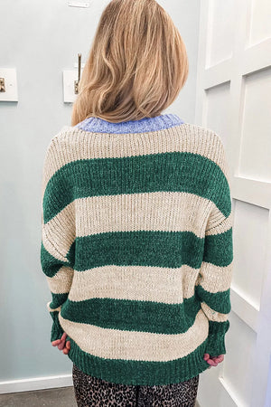 Striped Colorblock Drop Shoulder Pullover Sweater in Dark Green, back view