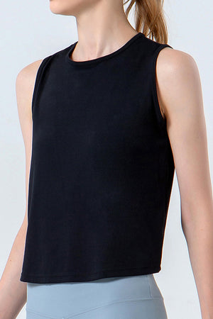 Black performance tank top with a round neckline and sleeveless design.