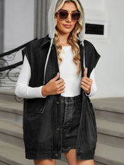 Black denim hooded sleeveless utility vest with button front and chest pockets.