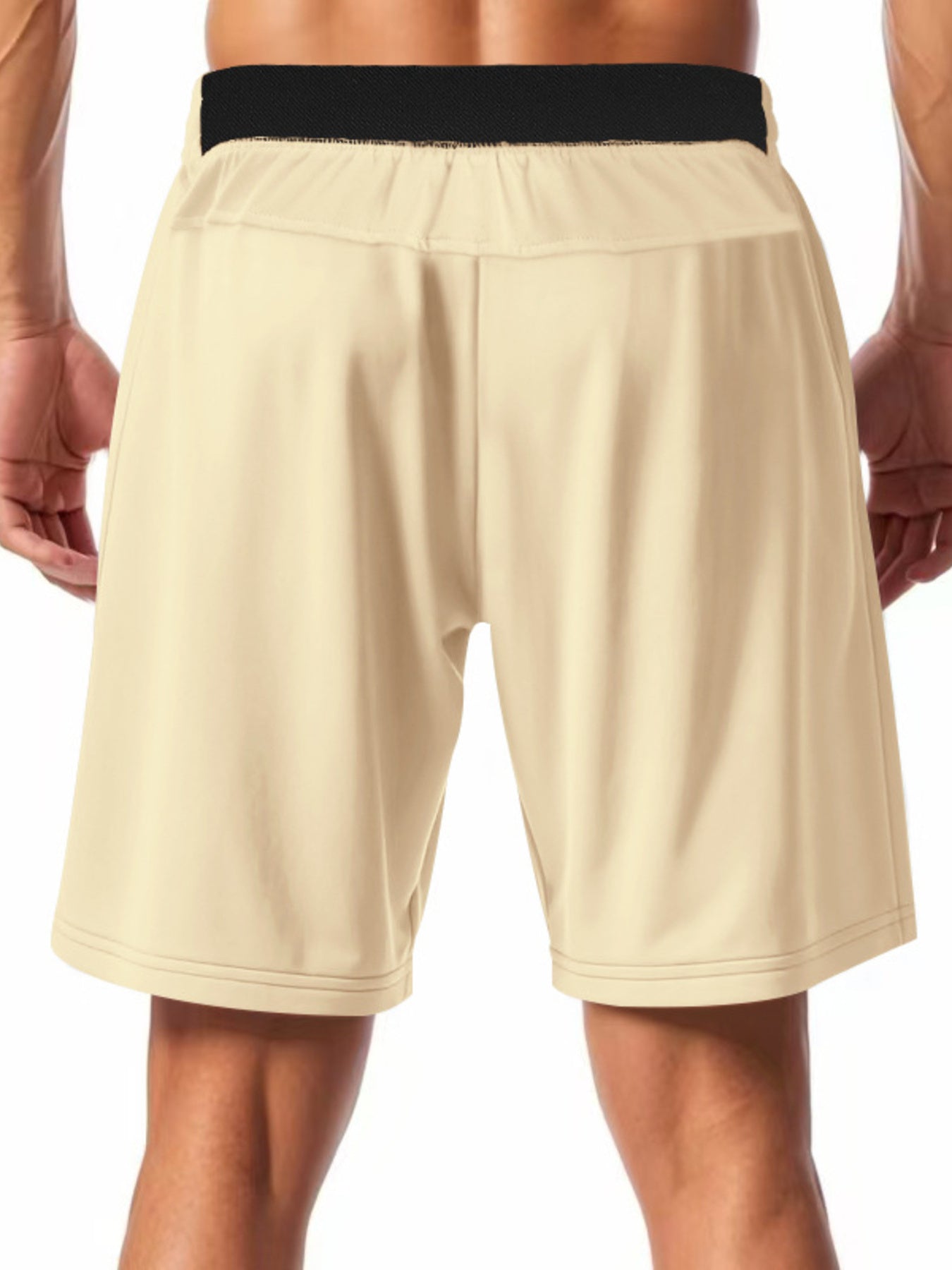 Apricot chino shorts with drawstring waist and black elastic band detail.