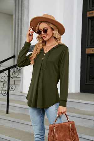 Army green hooded henley top with button detail and drawstring