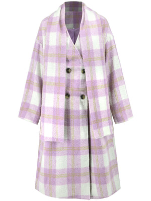 Pink purple plaid cocoon coat and scarf set with double-breasted buttons.