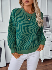 Dark green wavy knit crewneck sweater with a relaxed fit.