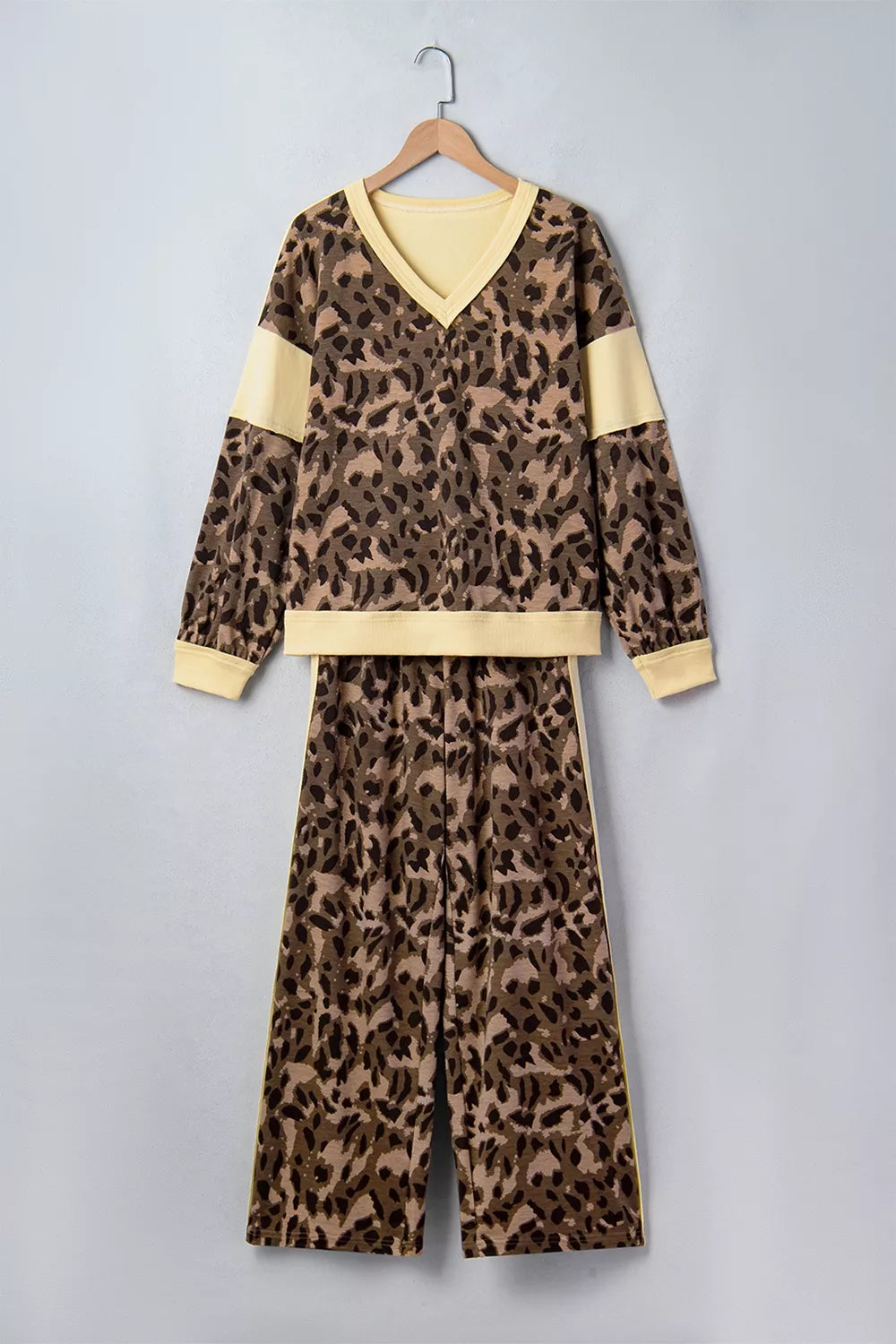 Leopard Print Long Sleeve V-neck Top & Pant Set in Coffee Brown, back view