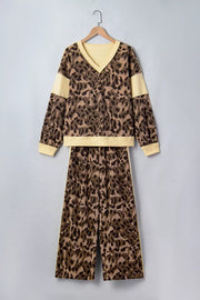 Leopard Print Long Sleeve V-neck Top & Pant Set in Coffee Brown, back view