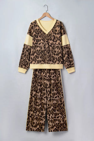 Leopard Print Long Sleeve V-neck Top & Pant Set in Coffee Brown, back view