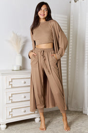 Mocha loungewear set with crop top, drawstring pants, and long cardigan.