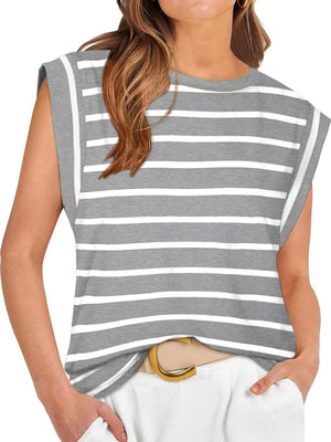 Gray and white striped sleeveless tank top with crew neck and relaxed fit.
