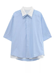 Blue striped button-up shirt with white collar and layered hem
