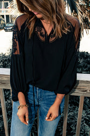 Black sheer yoke embroidered blouse with tie neck and balloon sleeves
