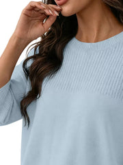 Elegant Crew Neck Eyelet Ribbed Sweater