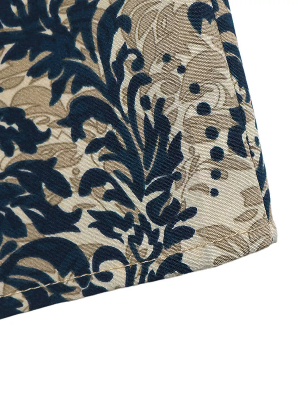 Ornate cap sleeve blouse in navy and tan floral print with notch neckline detail.