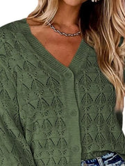 V-neck Openwork Button-down Knit Cardigan in White, fit detail