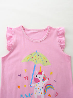 Pink cotton t-shirt with cap sleeves and a unicorn graphic holding an umbrella.