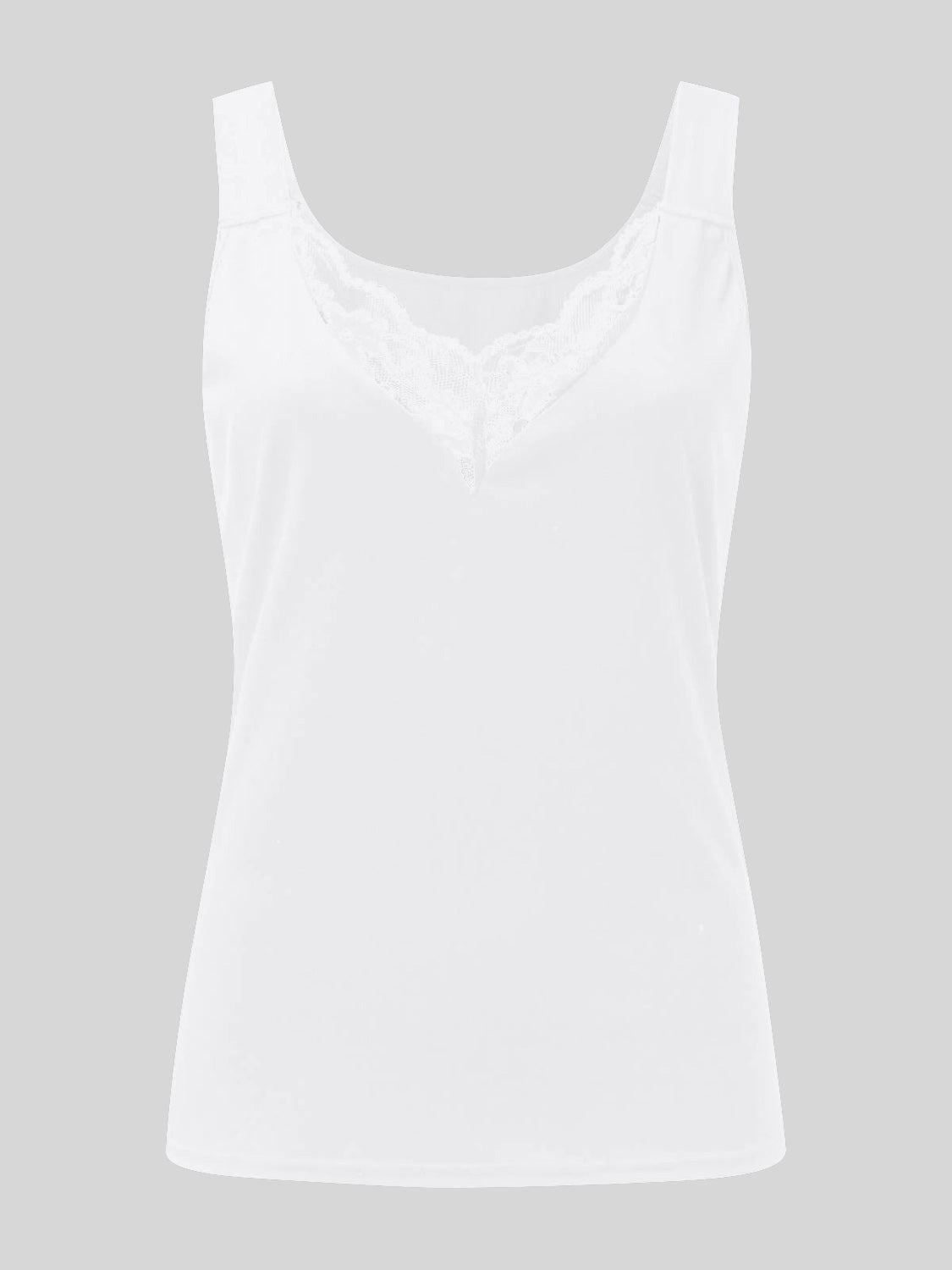 White ribbed tank top with lace inset neckline