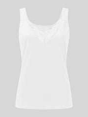 White ribbed tank top with lace inset neckline