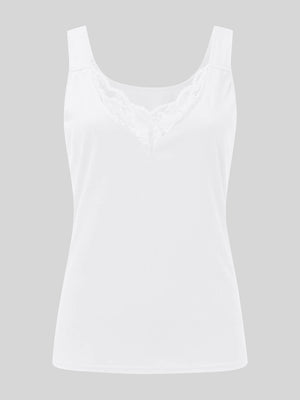 White ribbed tank top with lace inset neckline