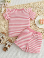 Baby pink and white striped cotton blend set with ruffle sleeves and shorts.
