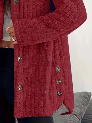 Red button-up fleece jacket with textured fabric and silver buttons