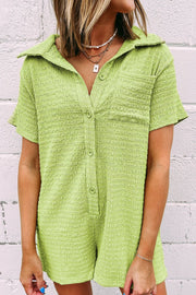 Lime textured collared romper with patch pocket and button front