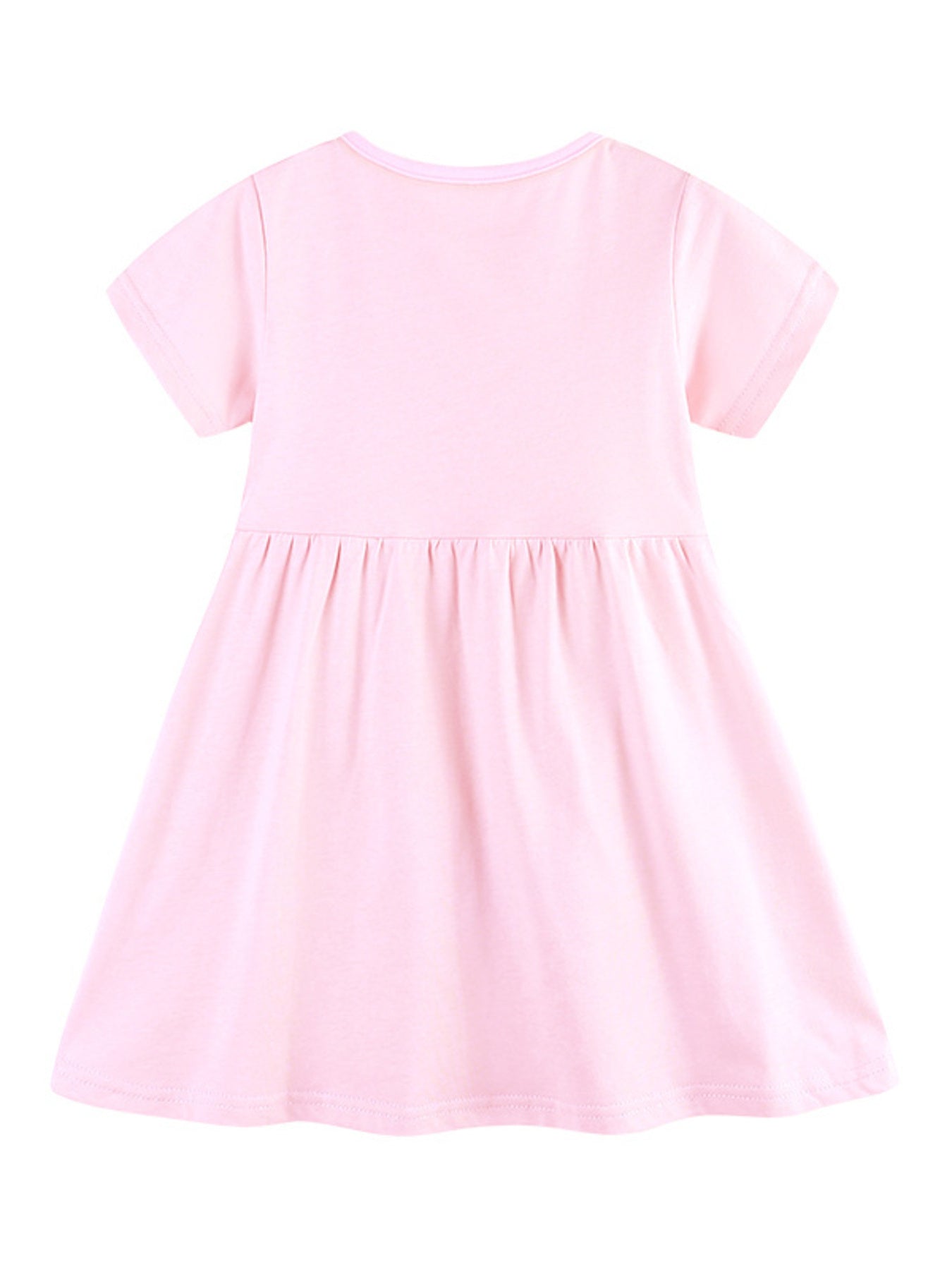 Pink cotton baby dress with short sleeves, round neck, and gathered skirt.