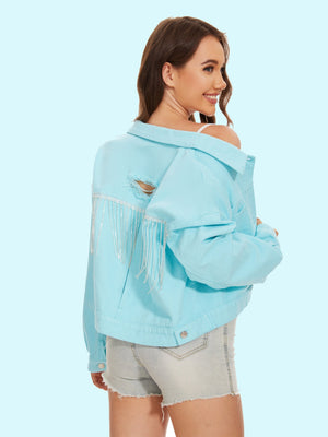 Aqua denim trucker jacket with distressed back and crystal fringe detail.