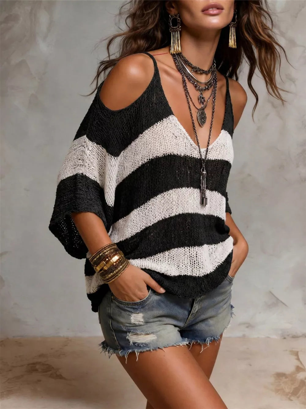 Striped Cold Shoulder Sweater in Black, side view