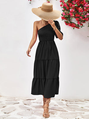 Black smocked bodice one-shoulder tiered midi dress with puff sleeve