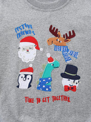Gray crew neck sweatshirt with embroidered Christmas characters and text.