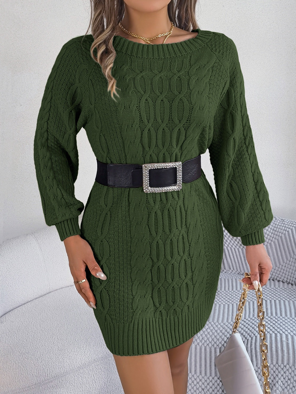 Dark Green cable knit mini dress with belt detail and crew neck.