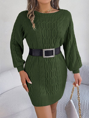 Dark Green cable knit mini dress with belt detail and crew neck.