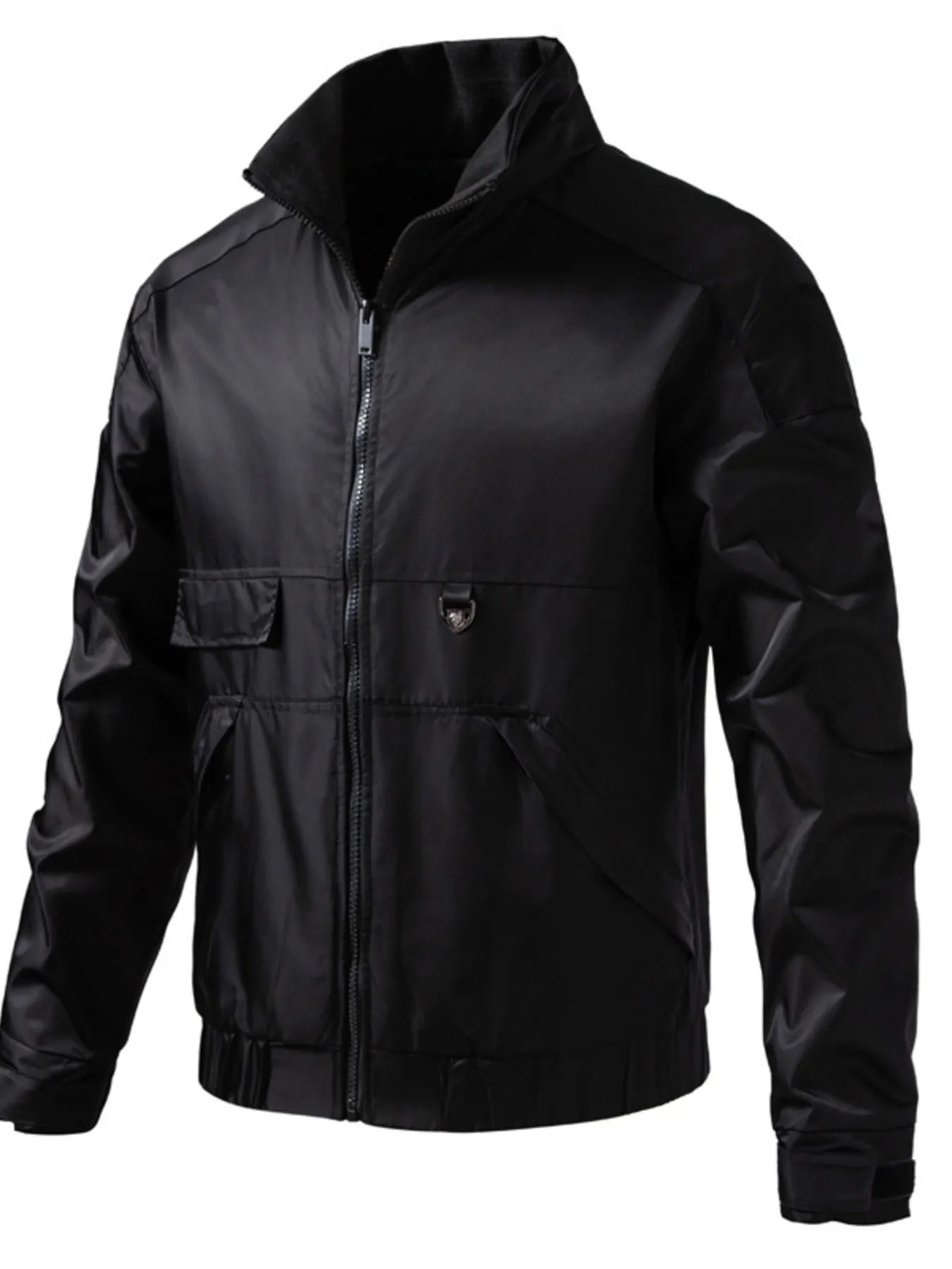 Men's black lightweight zip up track jacket with chest pocket and zip pockets.